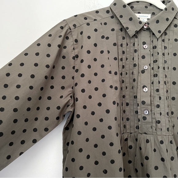 SUNDANCE Woven Lively Days Tunic Shirt Khaki Polka Dot Pintuck Popover Shirt M - Picture 5 of 10